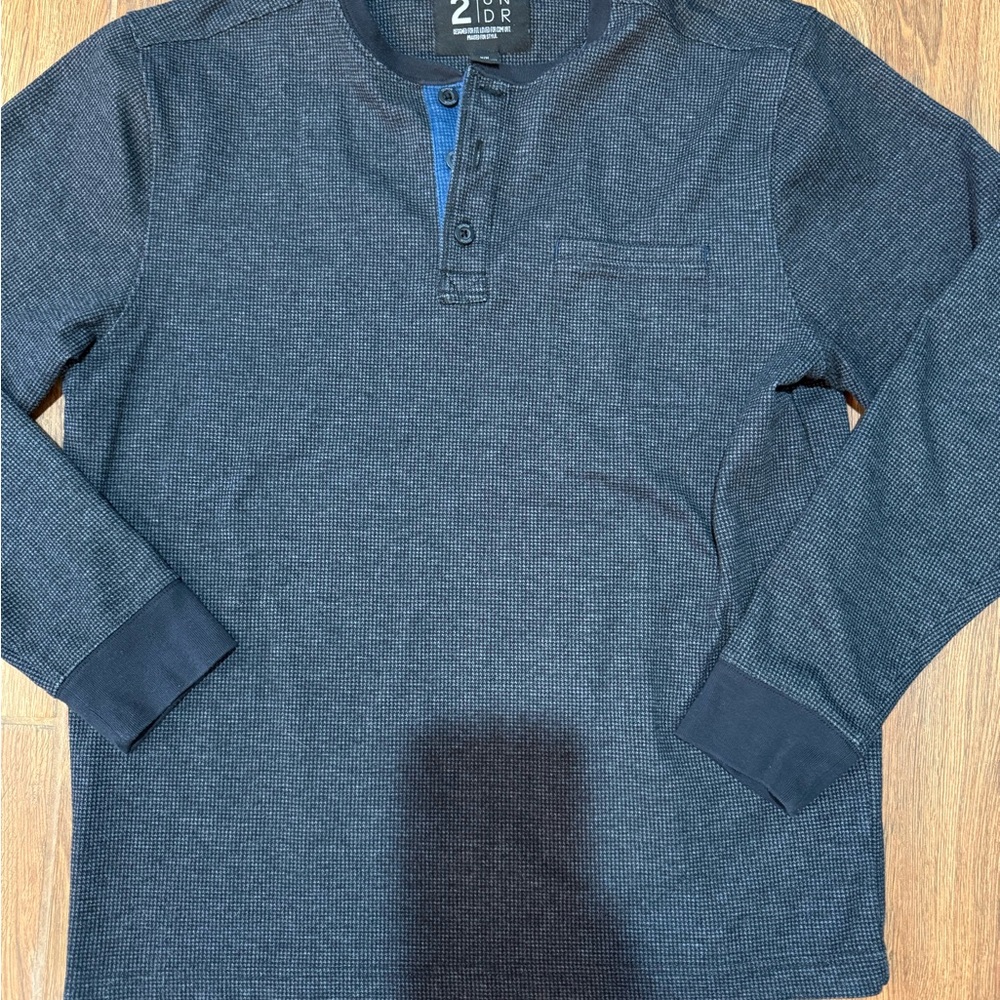 2BDR Men's charcoal Long Sleeve pocket Henley Shirt - medium